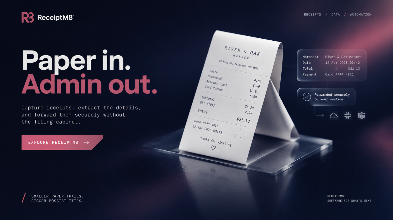 A folded paper receipt on a glass platform, with extracted receipt details and a secure forwarding confirmation